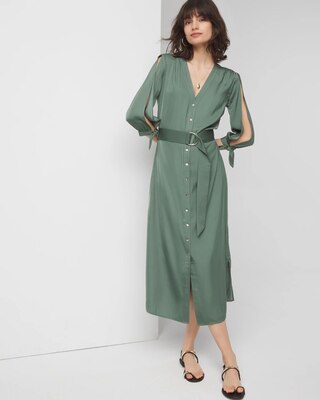 ◆MICHAA Plitz Belted Collar Dress Cold Shoulder Belted Midi Dress | White House Black Market